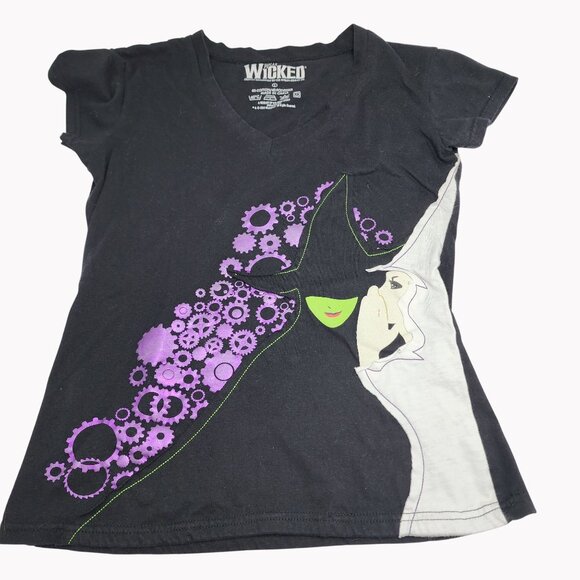 Wicked Musical Juniors V-Neck T-Shirt L Black Purple Applique style - Picture 1 of 6
